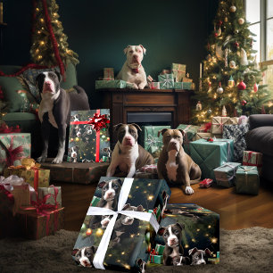 Kerstmis Zwart en Wit Pitbull Pups Cadeaupapier