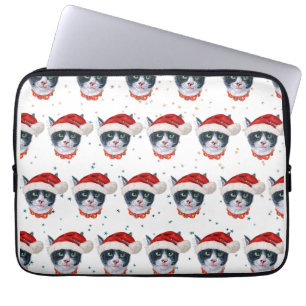 Kerstmis Zwart En Witte Kat Waterverf Laptop Sleeve
