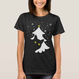 Kerstmis Zwart Kat Kerstboom sneeuw en sterren T-shirt