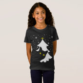 Kerstmis Zwart Kat Kerstboom sneeuw en sterren T-shirt (Voorkant volledig)