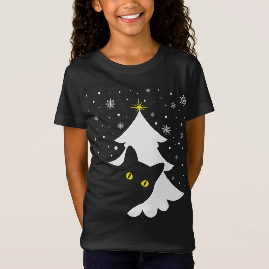 Kerstmis Zwart Kat Kerstboom sneeuw en sterren T-shirt (Voorkant)