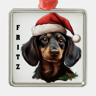 KERSTMIS ZWART TAN DACHSHUND HOND METALEN ORNAMENT