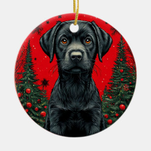 Kerstmis Zwarte Labrador Met Festieve Bomen Keramisch Ornament