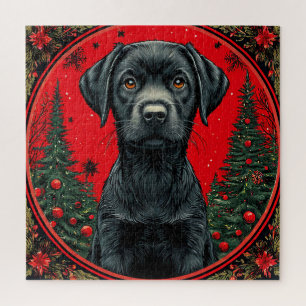 Kerstmis Zwarte Labrador met Festieve Bomen Legpuzzel
