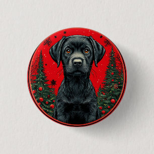 Kerstmis Zwarte Labrador Met Festieve Bomen Ronde Button 3,2 Cm