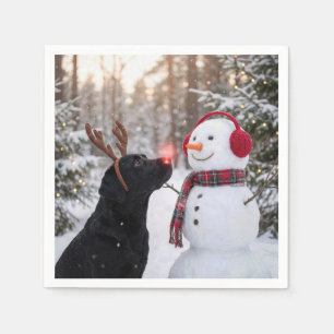 Kerstmis Zwarte Labrador Retriever met Sneeuwman Servet