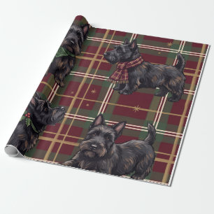 Kerstmis Zwarte Scottie Honden Rood Groen Tartan Cadeaupapier