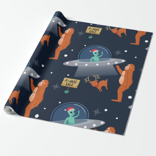 Kerstmisalien Yeti Sasquatch Bigfoot Cadeaupapier (Uitgerold)