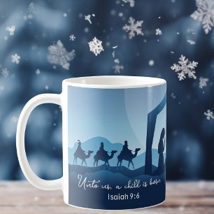 Kerstmiskerststal blauw Christelijk Koffiemok