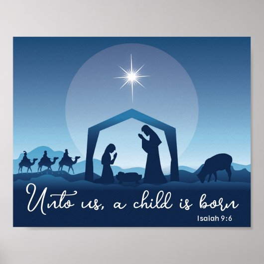 Kerstmiskerststal blauw Christelijk Poster (Voorkant)