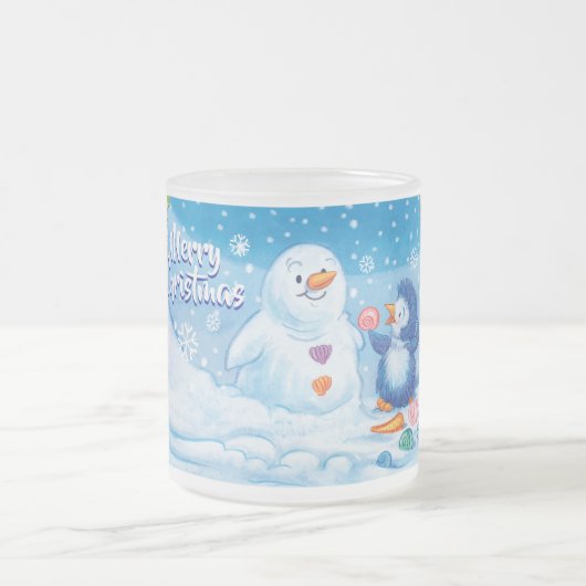 Kerstmismatte mok, PingPing Penguin & Snowman. Matglas Koffiemok (Center)