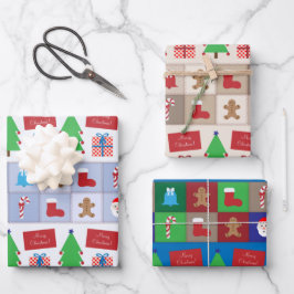 Kerstmispatroon Blauw Beige en Kleurrijk Inpakpapier Vel