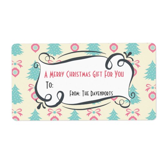 Kerstmispatroon met Bogen en Baubles Gift Etiket (Voorkant)
