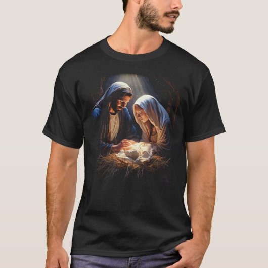 Kerstmisscène Kerstgeloof Joseph Mary Jesus T-shirt (Voorkant)