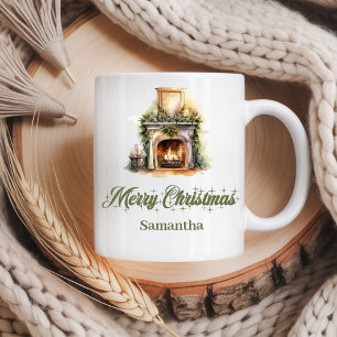 Kerstmok met eigen naam in aardse neutrale stijl koffiemok