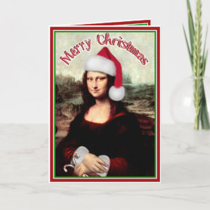 Kerstmona Lisa met kerstman Feestdagen Kaart