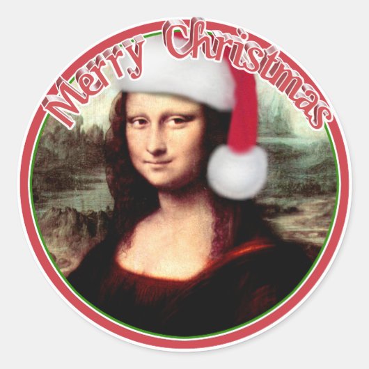 Kerstmona Lisa met kerstman Ronde Sticker (Voorkant)