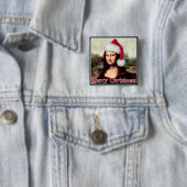 Kerstmona Lisa met kerstman Vierkante Button 5,1 Cm (In situ)