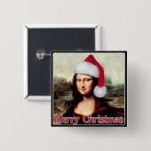 Kerstmona Lisa met kerstman Vierkante Button 5,1 Cm (Voorkant /achterkant)