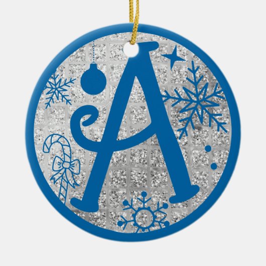 kerstmonogram A Blue Silver Glitter Keramisch Ornament (Voorkant)