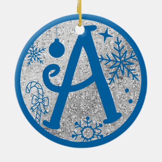 kerstmonogram A Blue Silver Glitter Keramisch Ornament (Achterkant)