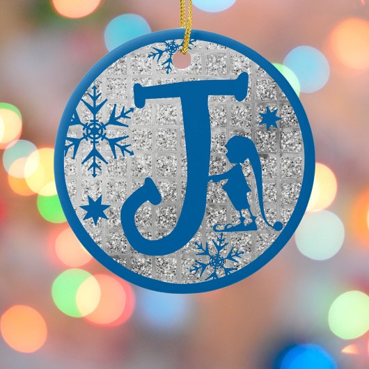 Kerstmonogram Letter J Blue Silver Glitter Keramisch Ornament