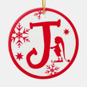 Kerstmonogram Letter J Red White Keramisch Ornament (Voorkant)
