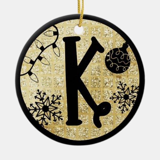 Kerstmonogram Letter K Black Gold Glitter Keramisch Ornament (Voorkant)