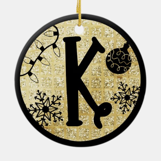 Kerstmonogram Letter K Black Gold Glitter Keramisch Ornament (Achterkant)