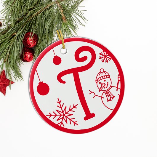 Kerstmonogram Letter T Red White Keramisch Ornament