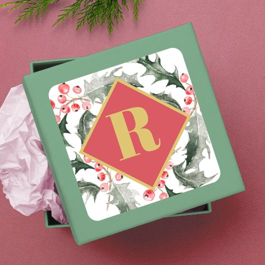 Kerstmonogram met botanische groene planten vierkante sticker