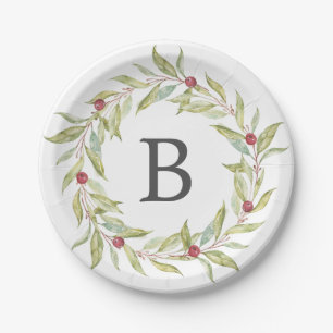 Kerstmonogram Winter Greenery Leaves Berries Papieren Bordje