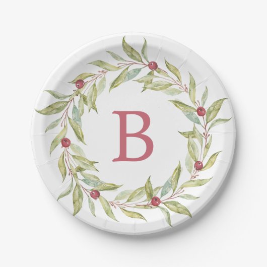 Kerstmonogram Winter Greenery Leaves Berries Papieren Bordje (Voorkant)