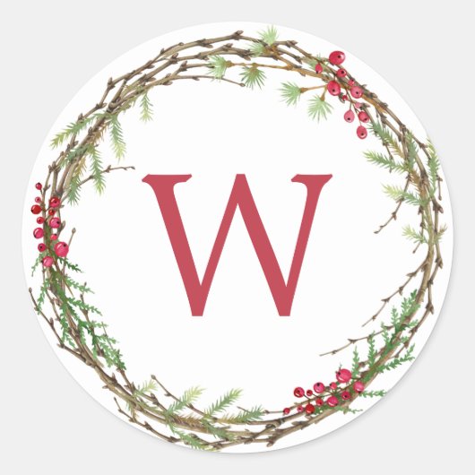 Kerstmonogram Winter Greenery Wreath Berries Ronde Sticker (Voorkant)