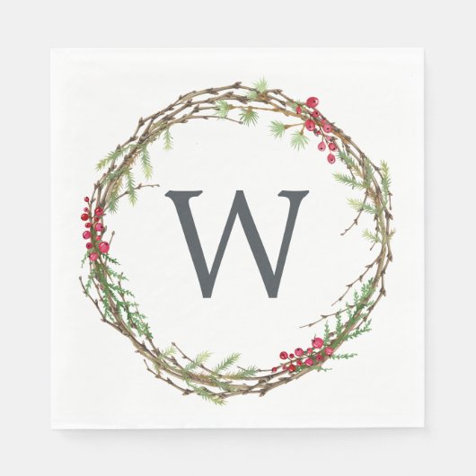 Kerstmonogram Winter Greenery Wreath Berries Servet (Voorkant)