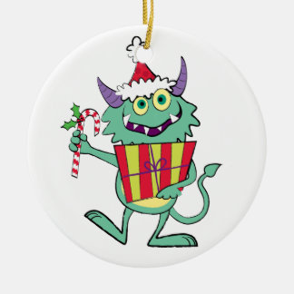 Kerstmonster met cadeau keramisch ornament