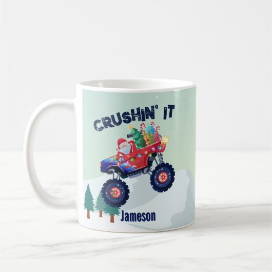 Kerstmonstertruck Santa Crushin' it Koffiemok (Links)
