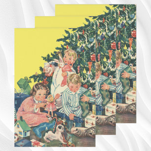 Kerstmorgen in ouderwetse stijl, kinderen die cade inpakpapier vel