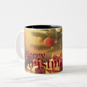 Kerstmotief, met cadeaus onder de kerstboom tweekleurige koffiemok