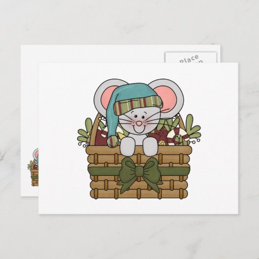 Kerstmuis in mandje feestdagenkaart (Voorkant / Achterkant)