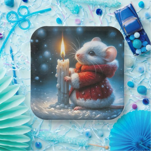 Kerstmuis met gloeiende kaars papieren bordje (Feest)