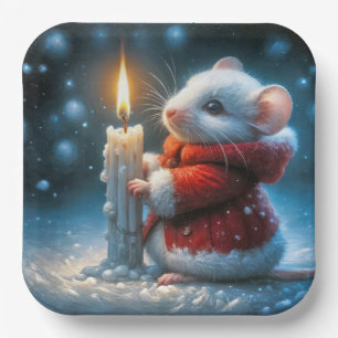 Kerstmuis met gloeiende kaars papieren bordje