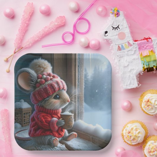 Kerstmuis met stomen hete cacao papieren bordje (Feest)