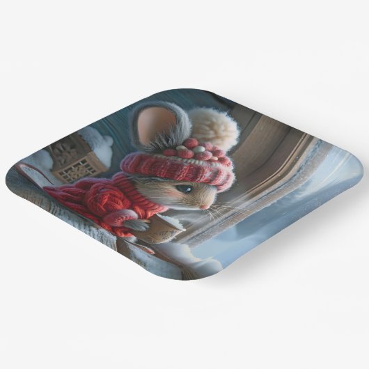 Kerstmuis met stomen hete cacao papieren bordje (Gebogen)