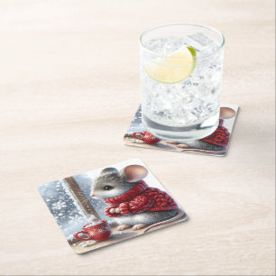 Kerstmuis met stomen hete cacao vierkante kartonnen onderzetter