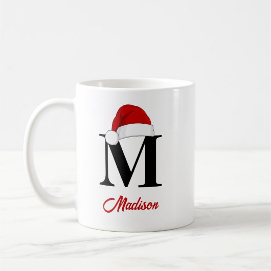 Kerstmuts Aangepast Monogram Rode Script Kerstmis Koffiemok (Links)