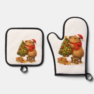 Kerstmuts Capybara Versiert Boom Ovenwant & Pannenlap Set