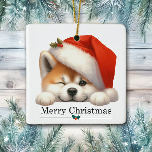 Kerstmuts Knipogende Akita Puppy Prettig Kerstfees Keramisch Ornament