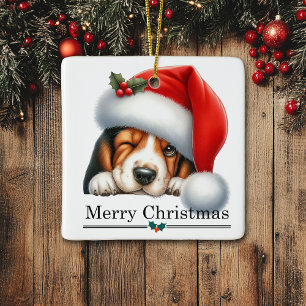 Kerstmuts Knipogende Basset Hound Puppy Kerstmis Keramisch Ornament