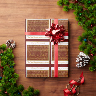 Kerstmuts met herten en boom in breiwerkdetail cadeaupapier